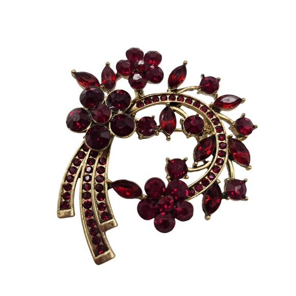 Vtg Red Rhinestone Brooch Floral Spray Wreath Mid-Century Festive Holiday Stmt - Picture 2 of 7
